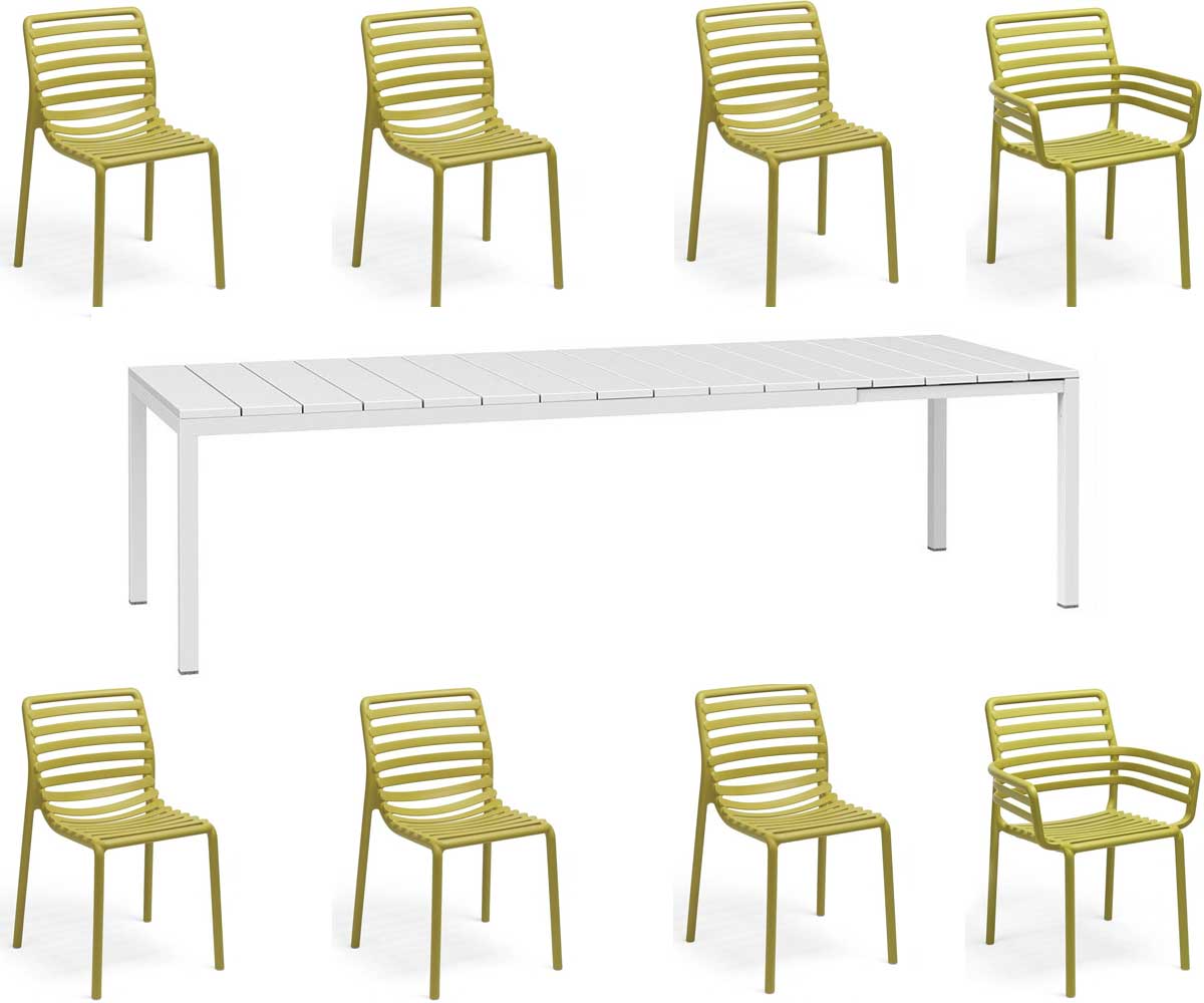 OFFERTA TAVOLO RIO ESTENDIBILE 210/280CM BIANCO +6 SEDIE +2 POLTRONE DOGA GIALLO