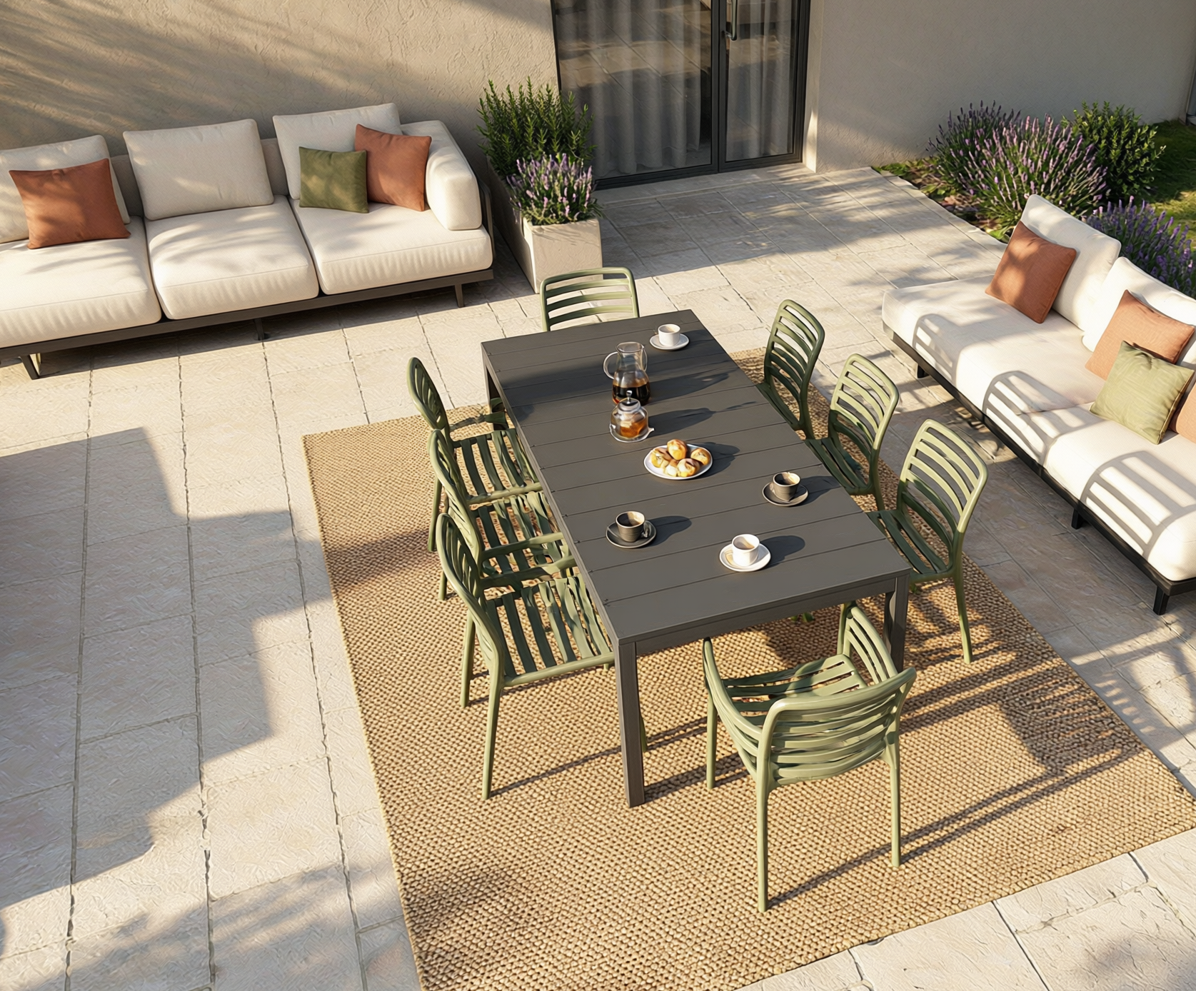 OFFERTA TAVOLO RIO ESTENDIBILE 210/280CM ANTRACITE +6 SEDIE +2 POLTRONE DOGA AGAVE