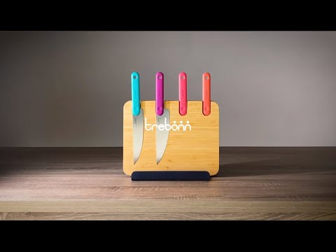 SET 4 COLTELLI IN ACCIAIO INOX CON TAGLIERE IN BAMBÙ E BASETTA PORTA-TABLET
