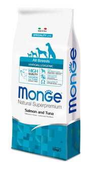 MONGE CIBO SECCO CANE CROCCANTINI HYPOALLERGENIC SALMONE E TONNO 12 KG