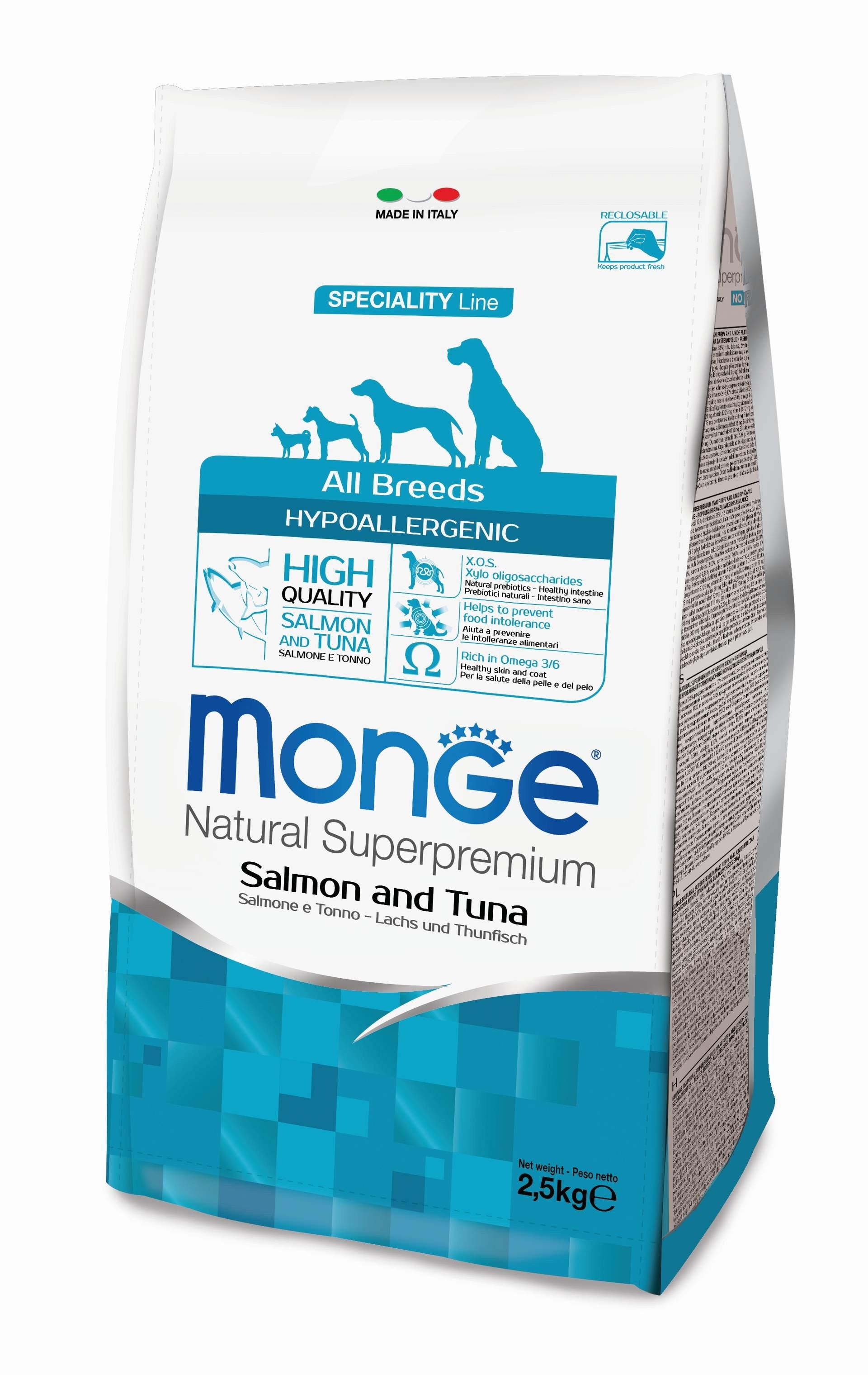 MONGE CIBO SECCO CANE CROCCANTINI HYPOALLERGENIC SALMONE E TONNO 2,5 KG
