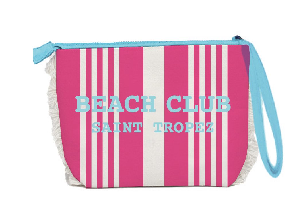 Trousse Pouch Beach Club Saint Tropez 20x14,5x7 cm Rosa Righe Bianche e Azzurro Marinette Off White