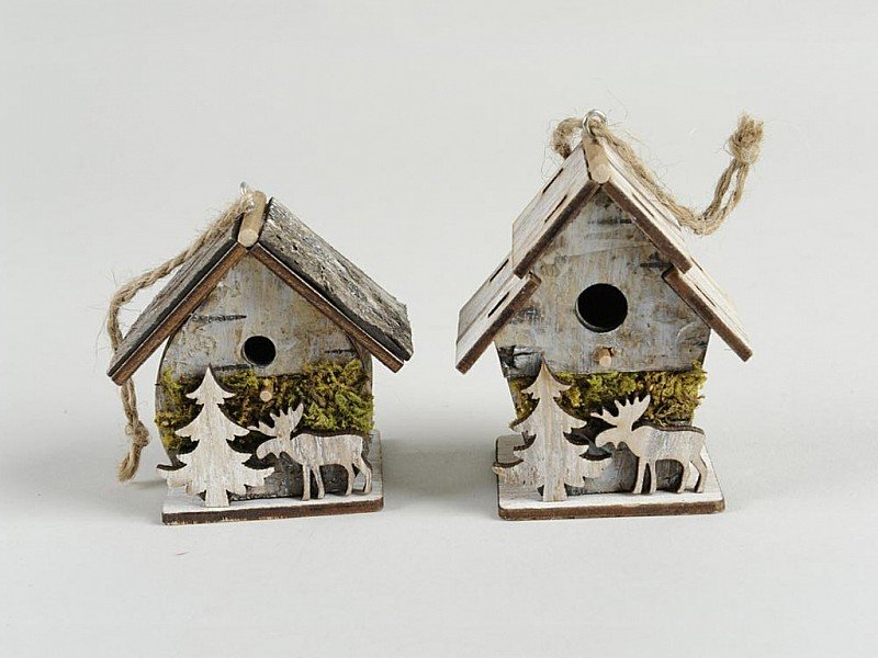 OFFERTA 3 CASETTE UCCELLINI 6X4X7,5CM MARRONE CHIARO IN LEGNO CON RENNA