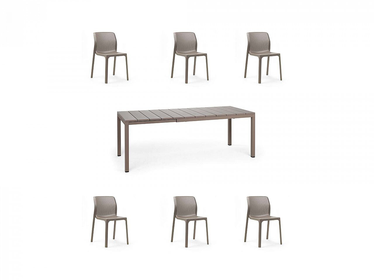 OFFERTA TAVOLO RIO ALLUNGABILE 140/210CM +6 SEDIE BIT TORTORA