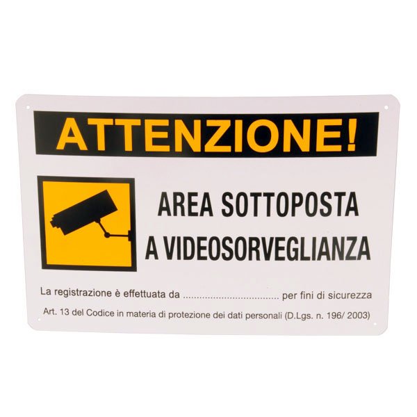 CARTELLO AREA VIDEOSORVEGLIATA 30x 20 ALLUMINIO
