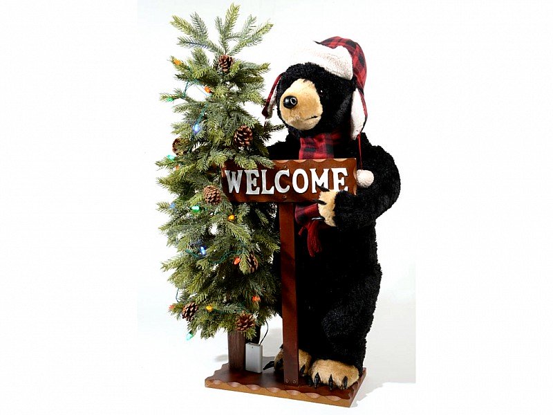 ORSO NERO WELCOME CON ALBERO, LUCI E CARTELLO | 108CM