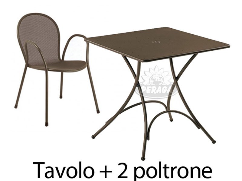 SET TAVOLO 76X76CM + 2 POLTRONE MARRONE
