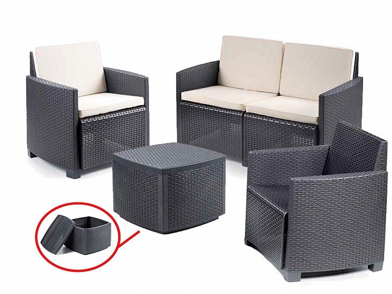 SALOTTO MOKA 2 POLTRONE+DIVANO+TAV. CONTENITORE CON CUSCINI
