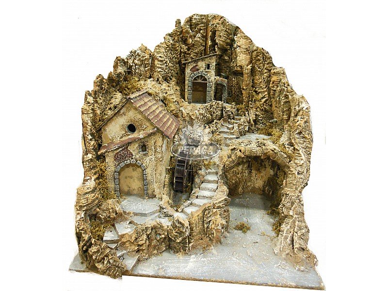 SCENARIO VILLAGGIO IN SUGHERO E LEGNO ILLUMINATO CON MULINO D'AC