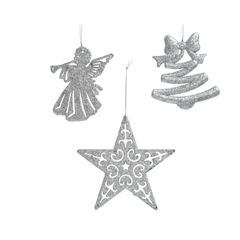 DECORAZIONE NATALIZIA APPENDIBILE ARGENTO CON GLITTER MODELLO ASSORTITO