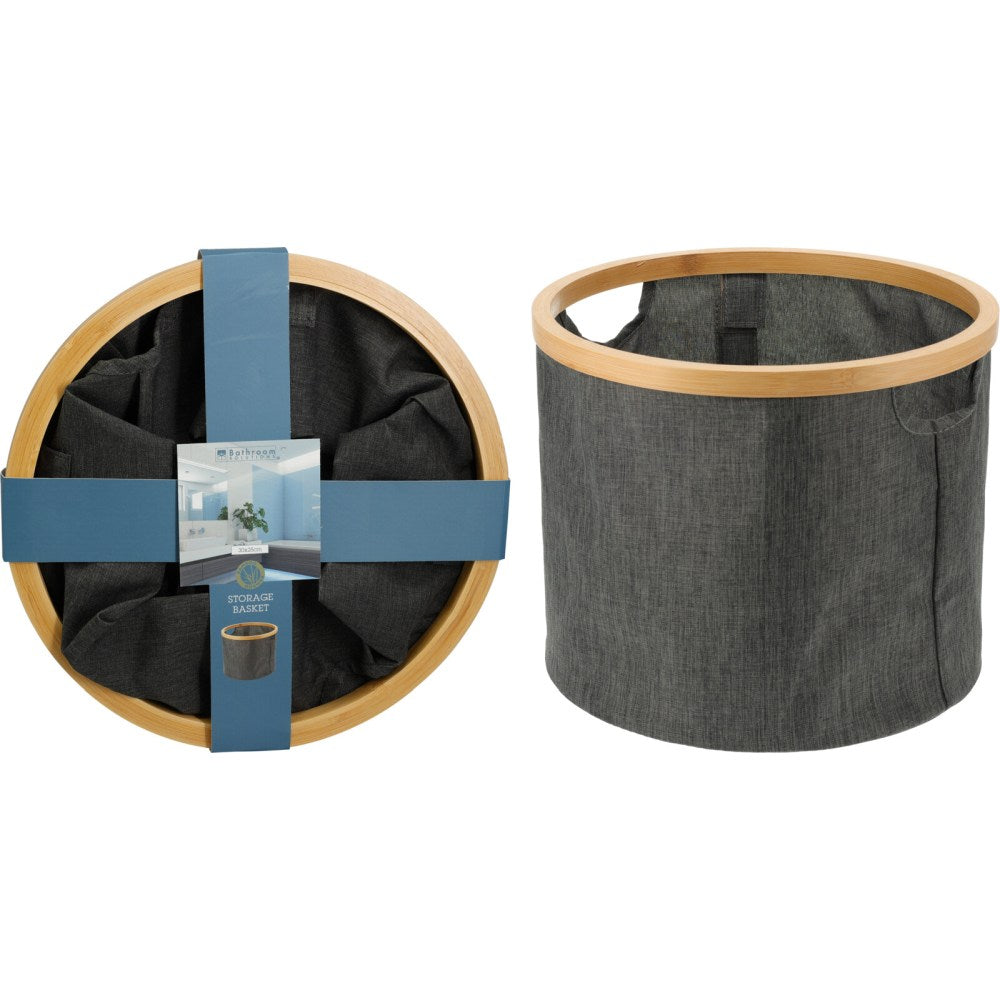 Cesto Portabiancheria Rotondo con Bordo in Bambù D30 x 25 cm Grigio PERAGA HOME