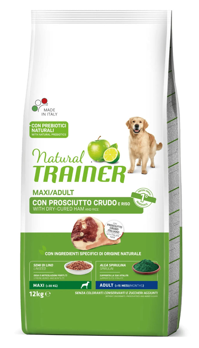 NATURAL TRAINER ADULT CANE MAXI PROSCIUTTO CRUDO E RISO 12 KG