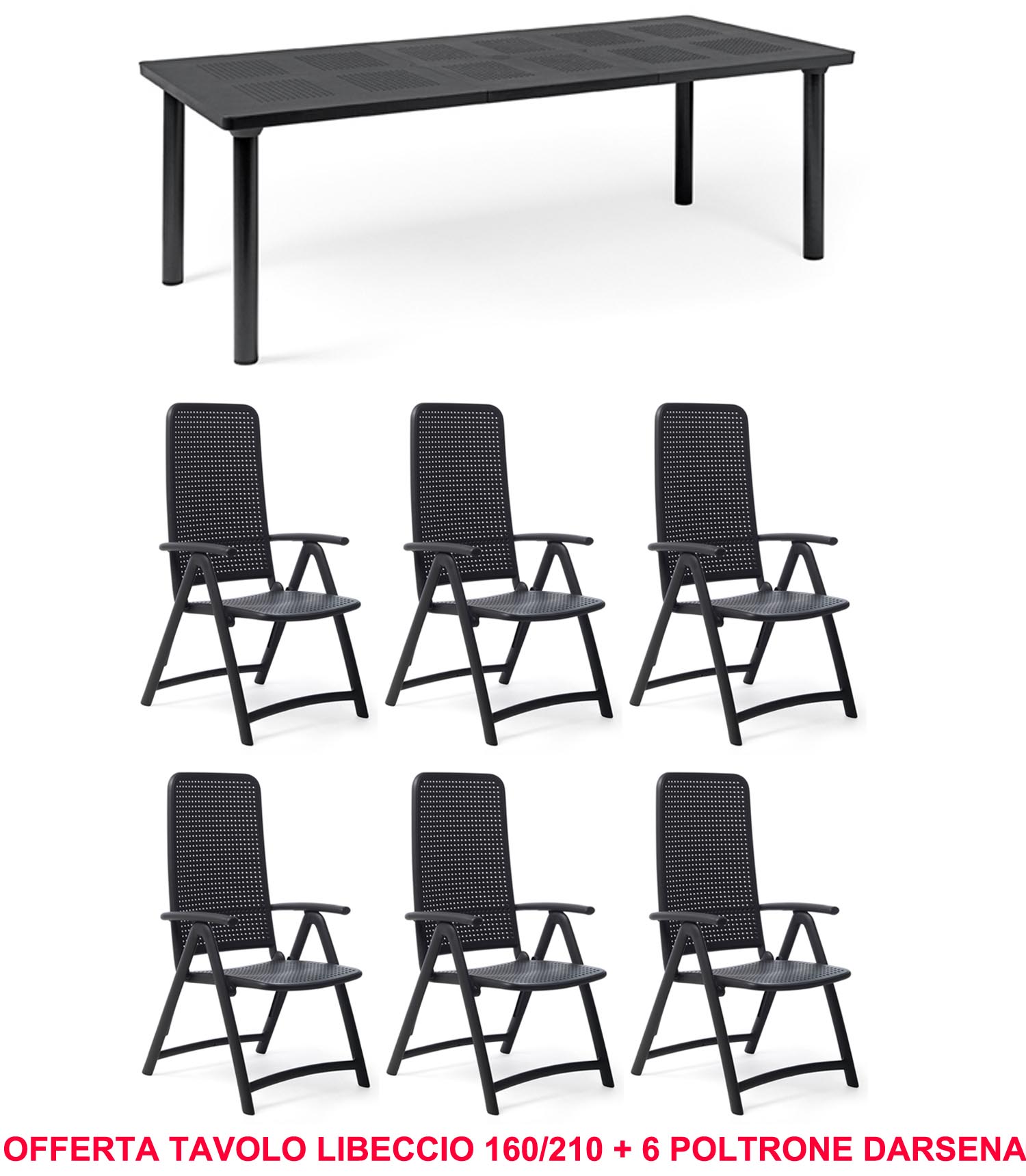 OFFRE : TABLE EXTENSIBLE LIBECCIO 160/220CM + 6 FAUTEUILS DARSENA DANS LES COULEURS DE VOTRE CHOIX