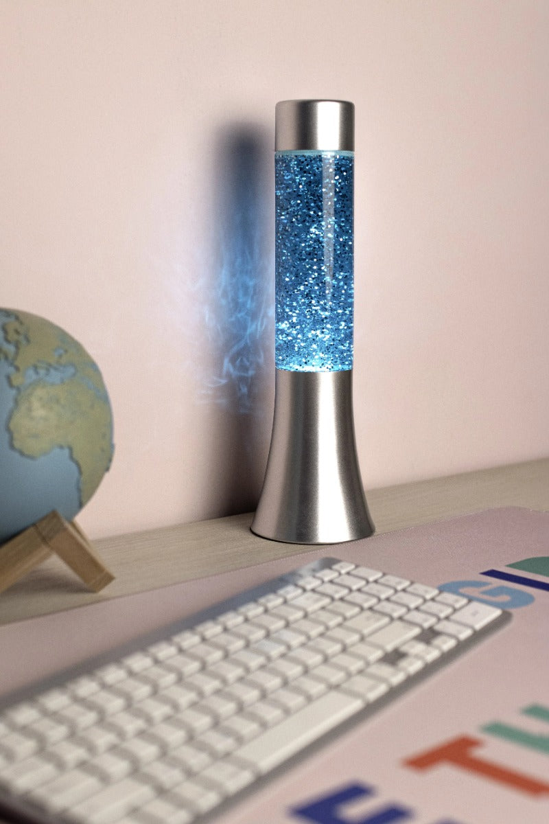 LAMPADA LAVA LAMP BLU GLITTER E BASE ARGENTO H30CM