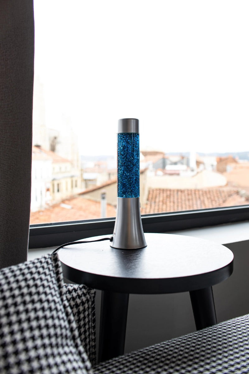 LAMPADA LAVA LAMP BLU GLITTER E BASE ARGENTO H30CM