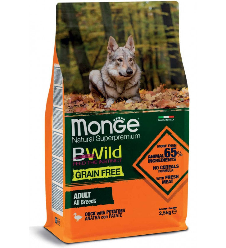 MONGE Trockenfutter für Hunde, getreidefrei, knusprige Kekse mit Ente und Kartoffeln, 2,5 kg