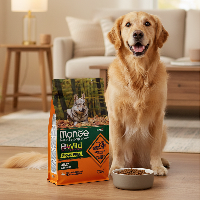 MONGE Trockenfutter für Hunde, getreidefrei, knusprige Kekse mit Ente und Kartoffeln, 2,5 kg