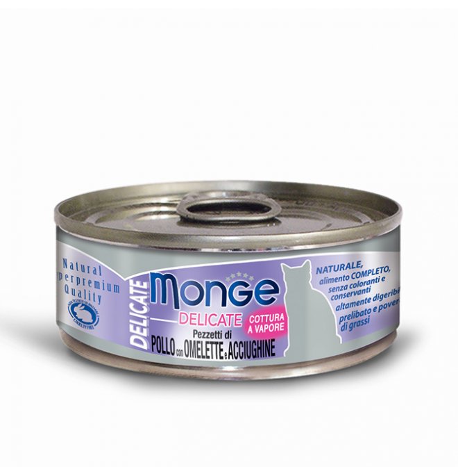 MONGE SCATOLETTA CIBO UMIDO GATTO DELICATE POLLO, OMELETTE E BIANCHETTI IN JELLY 80GR