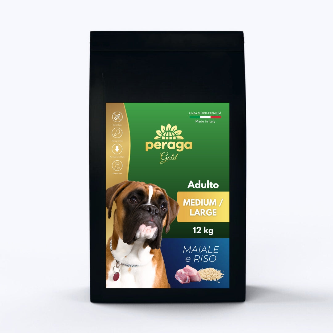 CROCCHETTE PERAGA LINEA GOLD - CANE ADULTO MEDIUM-LARGE MAIALE E RISO 12KG