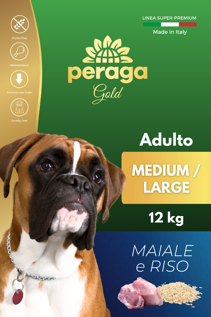 CROCCHETTE PERAGA LINEA GOLD - CANE ADULTO MEDIUM-LARGE MAIALE E RISO 12KG
