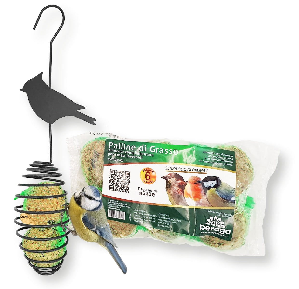 KIT PER UCCELLINI SELVATICI MANGIATOIA A SPIRALE + PALLINE DI GRASSO