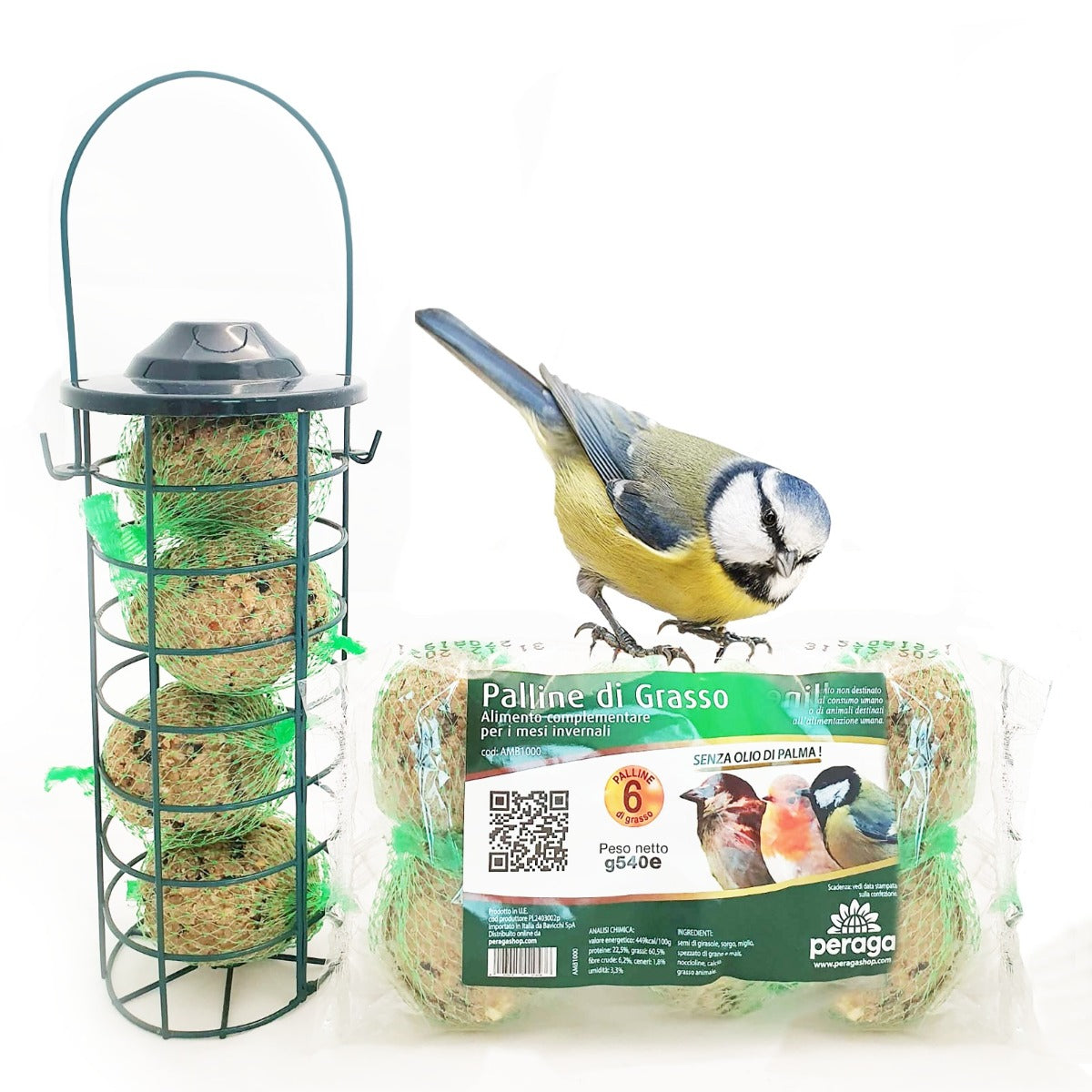 KIT PER UCCELLINI SELVATICI MANGIATOIA A CILINDRO + PALLINE DI GRASSO