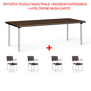 OFFERTA TAVOLO MAESTRALE 160/220CM ESTENSIBILE + 4 POLTRONE MUSA CAFFE'