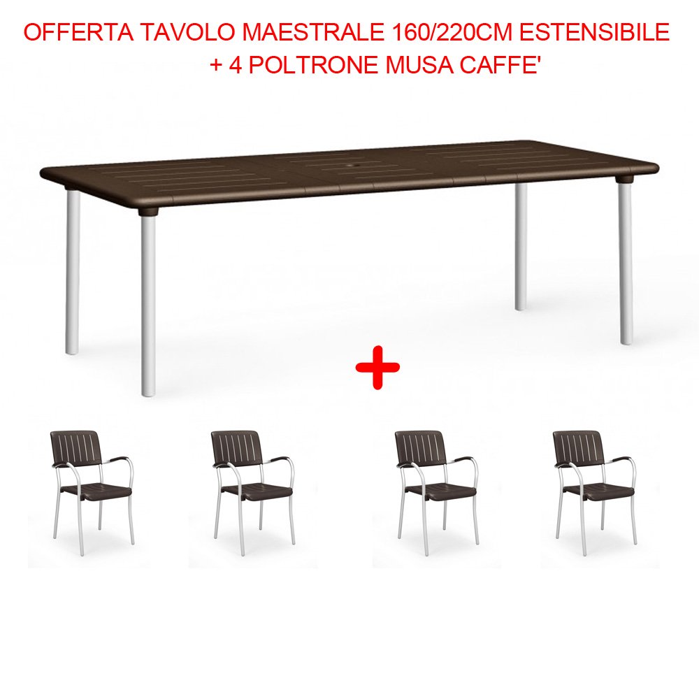 OFFERTA TAVOLO MAESTRALE 160/220CM ESTENSIBILE + 4 POLTRONE MUSA CAFFE'