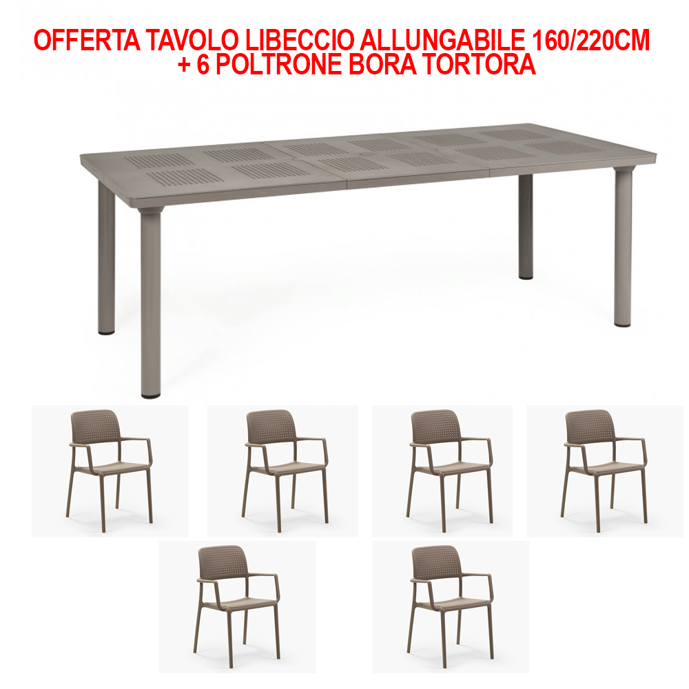 OFFERTA TAVOLO LIBECCIO ALLUNGABILE 160/220CM + 6 POLTRONE BORA COLORE A SCELTA