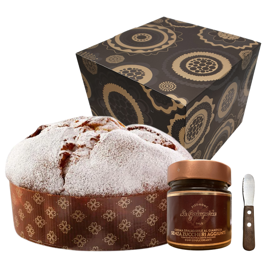 SCATOLA REGALO CON PANETTONE GALUP PARADISO 750GR + CREMA SPALMABILE GIANDUJA + SPALMINO