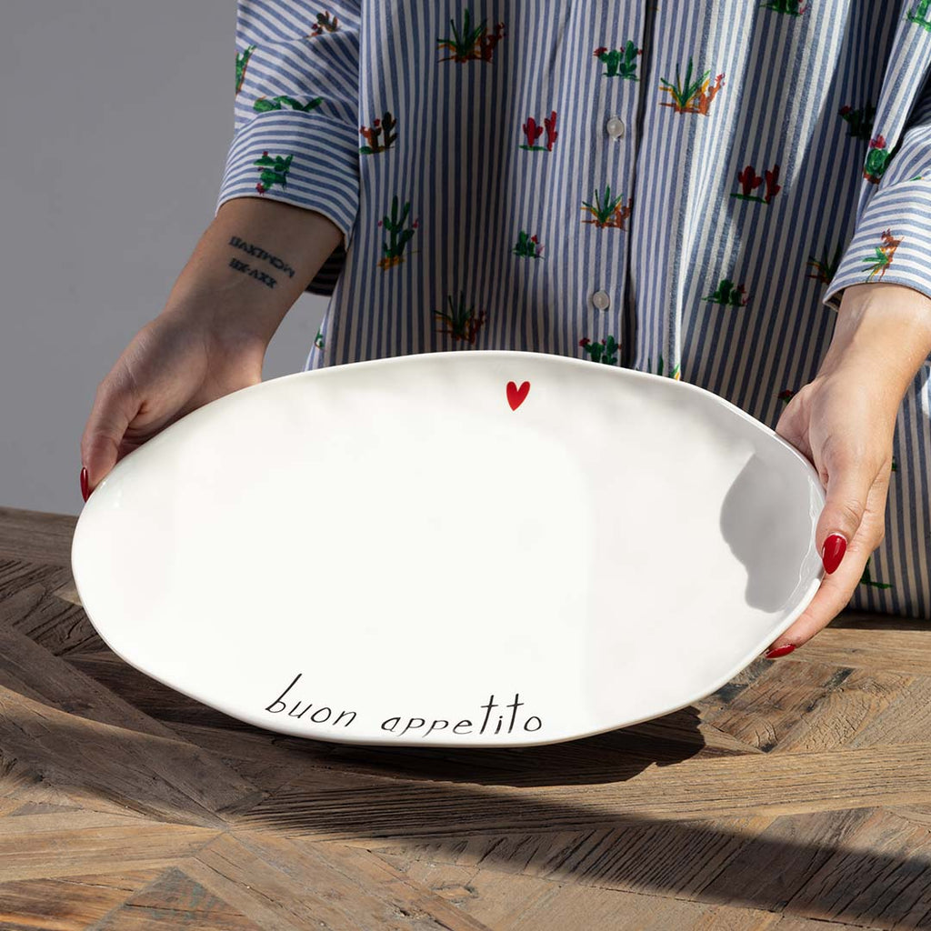 Piatto ovale 36,6 x 24,5 cm bianco con decoro Buon appetito Simple Day