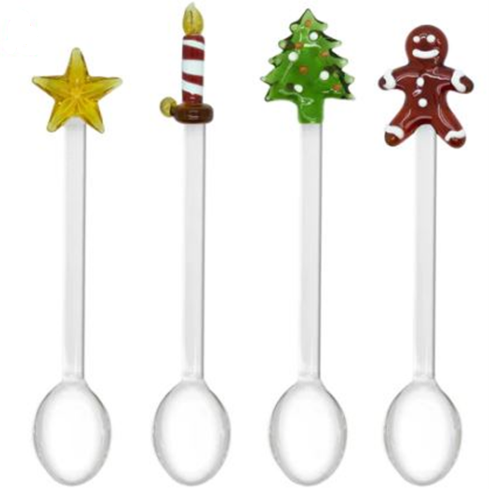 SET 4 CUCCHIAINI CON DECORAZIONE NATALIZIA IN VETRO BOROSILICATO COLORATO