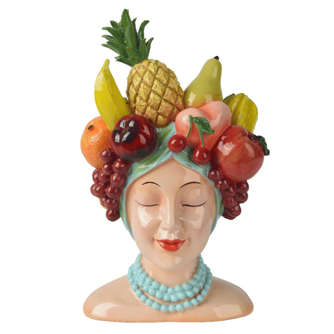 VASO DONNA A FORMA DI TESTA CON FRUTTA H37 D23 IN POLIRESINA
