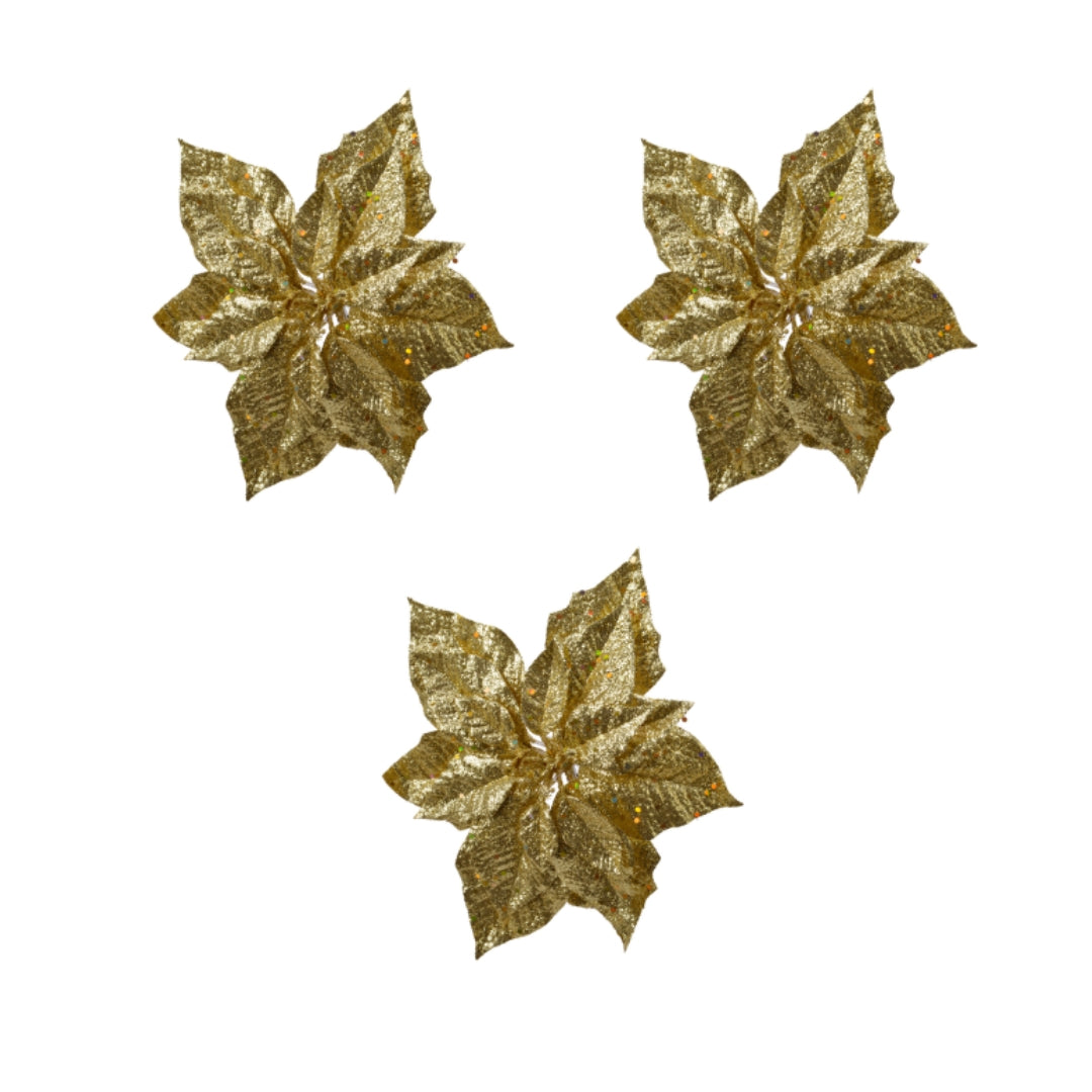 OFFERTA 3 POINSETTIE CON CLIP E GLITTER 23X7CM ORO