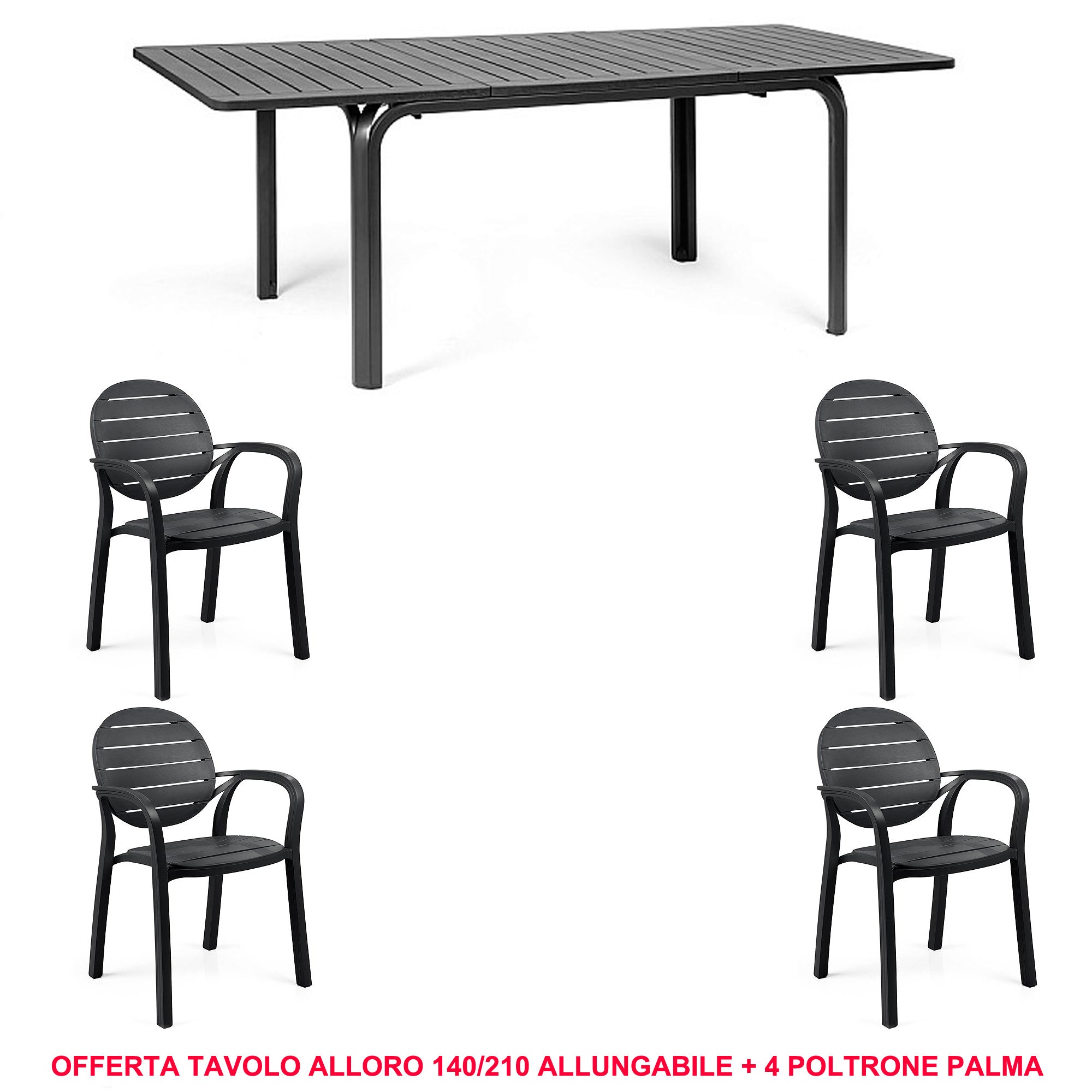 OFFERTA TAVOLO ALLORO ESTENSIBILE 140/210CM + 4 POLTRONE PALMA COLORE A SCELTA