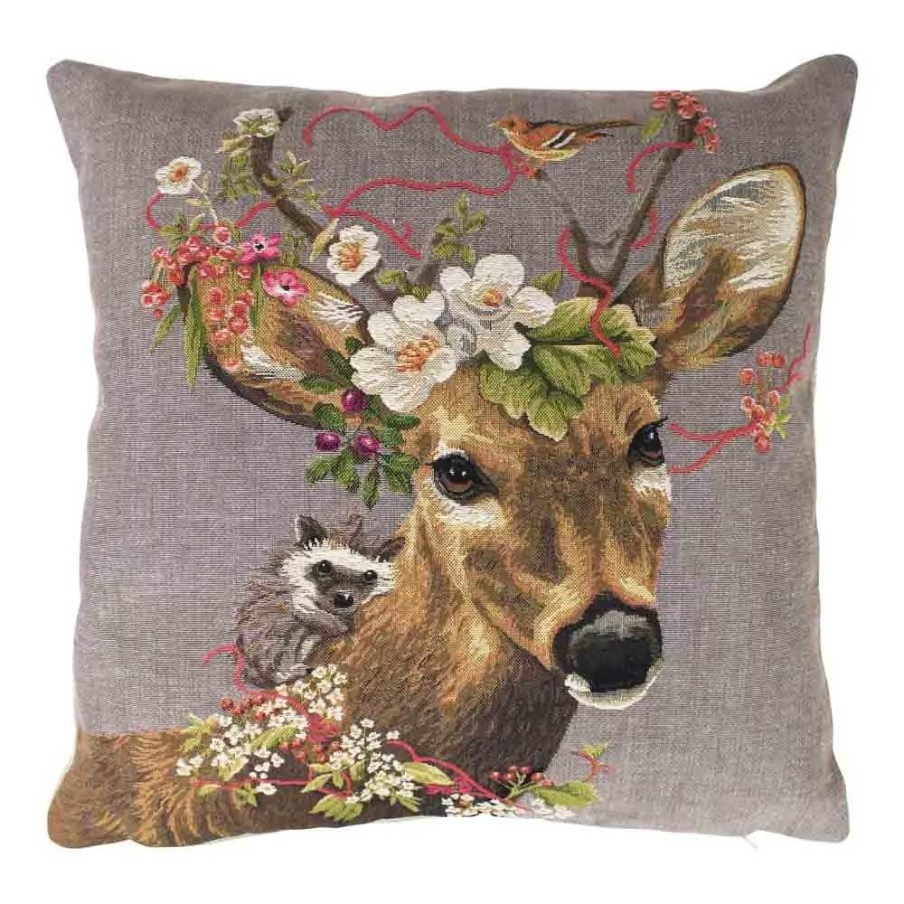 CUSCINO GOBELIN CON CAPRIOLO CON FIORI 45X45CM