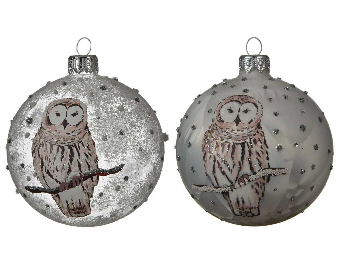 PALLINA DI NATALE IN VETRO 8CM CON DECORAZIONE GUFO ASSORTITA