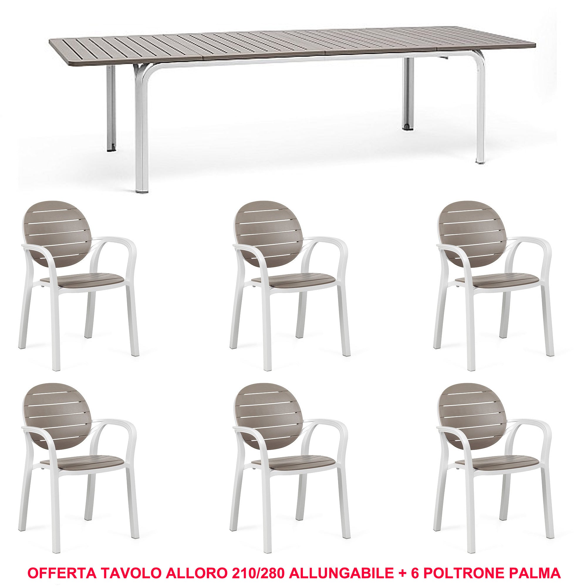 OFFERTA TAVOLO ALLUNGABILE ALLORO 210/280 CM + 6 POLTRONE PALMA COLORE A SCELTA
