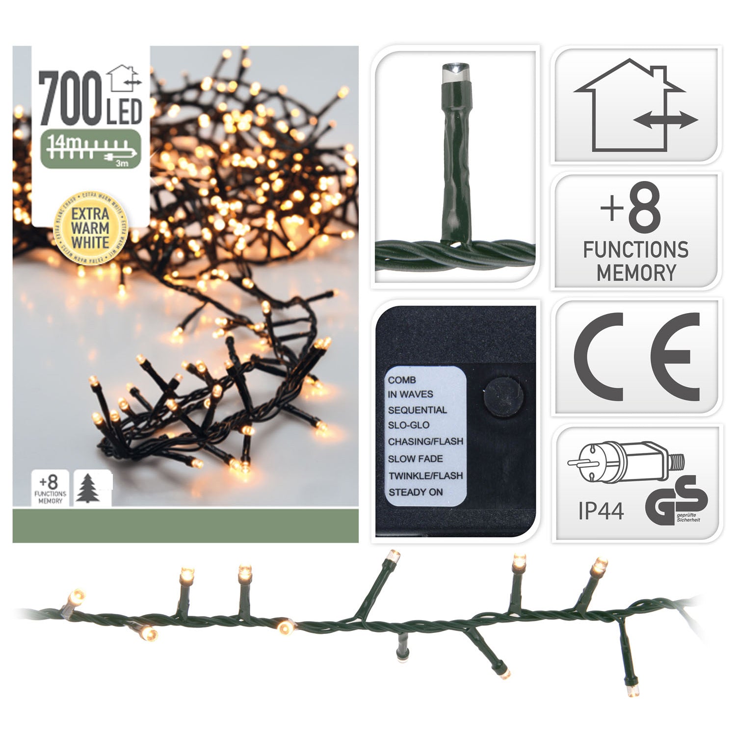 LUCI DI NATALE 700 LED BIANCO CALDO 8 GIOCHI DI LUCE