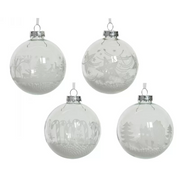 1 PALLINA DI NATALE IN VETRO 8CM TRASPARENTE CON DECORI BIANCHI MODELLO ASSORTITO