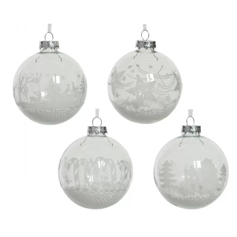 1 PALLINA DI NATALE IN VETRO 8CM TRASPARENTE CON DECORI BIANCHI MODELLO ASSORTITO