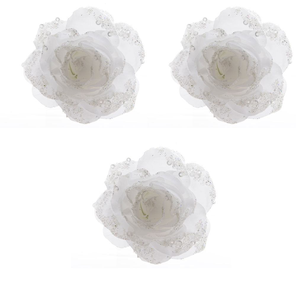OFFERTA 3 ROSE DECORATIVE CON CLIP GLITTERATE BIANCO NEVE 14CM