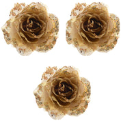 OFFERTA 3 ROSE DECORATIVE CON CLIP GLITTERATE ORO 14CM