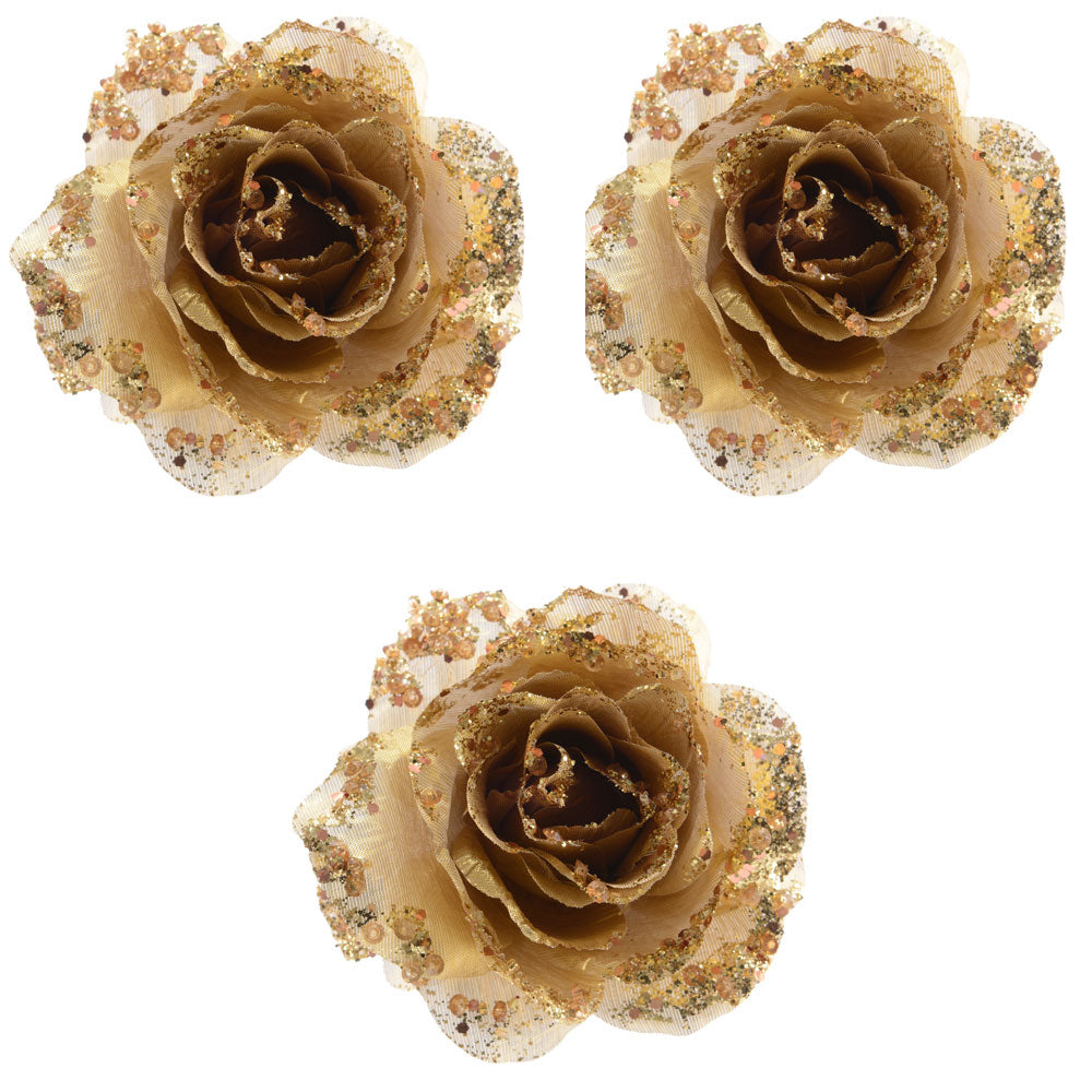 OFFERTA 3 ROSE DECORATIVE CON CLIP GLITTERATE ORO 14CM
