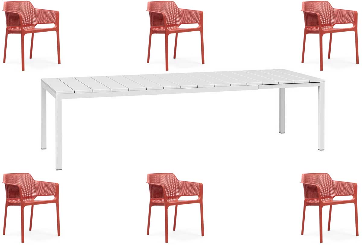 OFFERTA TAVOLO RIO ALLUNGABILE 140/210CM +6 POLTRONE NET BIANCO/CORALLO