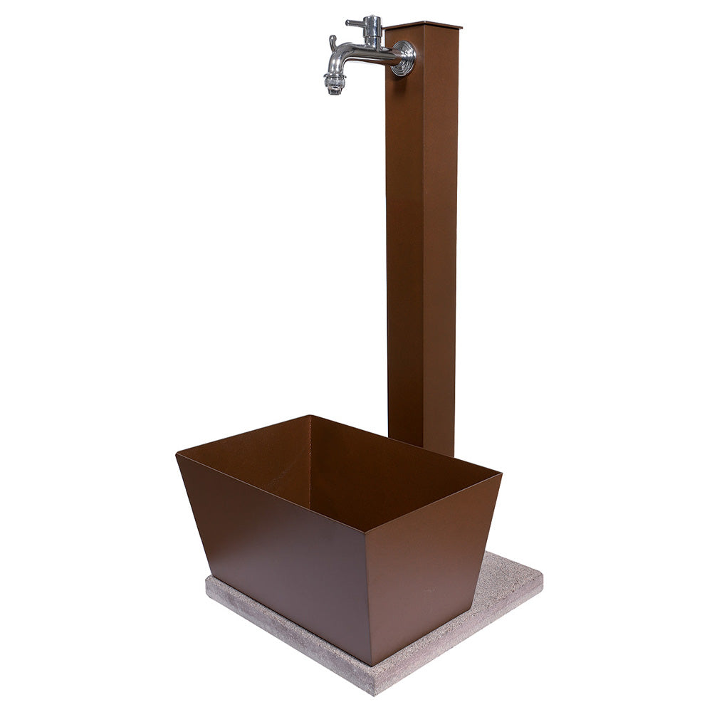 FONTANA A COLONNA DA GIARDINO CON BASE IN CEMENTO E VASCA RETTANGOLARE RUGGINE