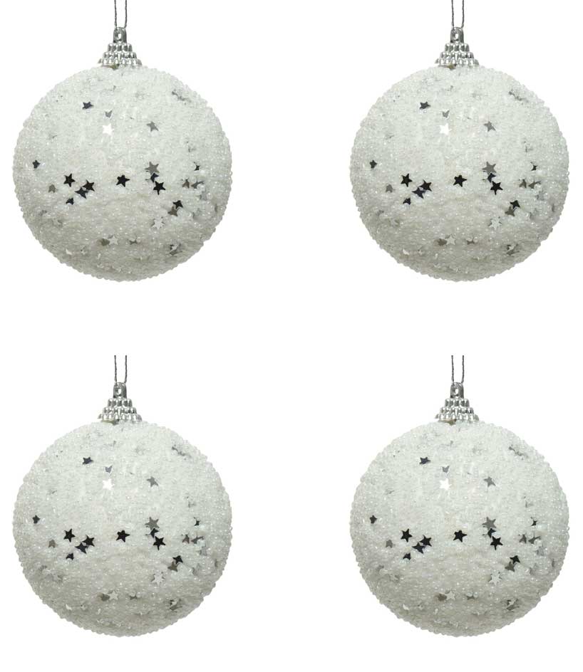 OFFERTA 4 PALLINE CON GLITTER E STELLINE 8CM BIANCO