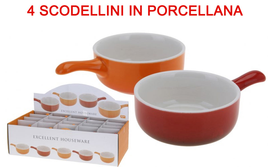 4 SCODELLINI IN PORCELLANA CON MANICO 11CM ASSORTITI