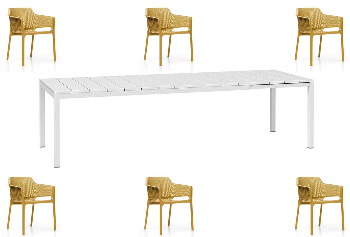 OFFERTA TAVOLO RIO ALLUNGABILE 140/210CM +6 POLTRONE NET BIANCO/SENAPE