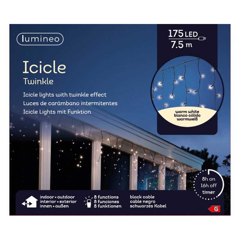 STALATTITE LUCE GHIACCIOLI BIANCO CALDO EXTRA 175 LED 8 GIOCHI DI LUCE 7,5MT